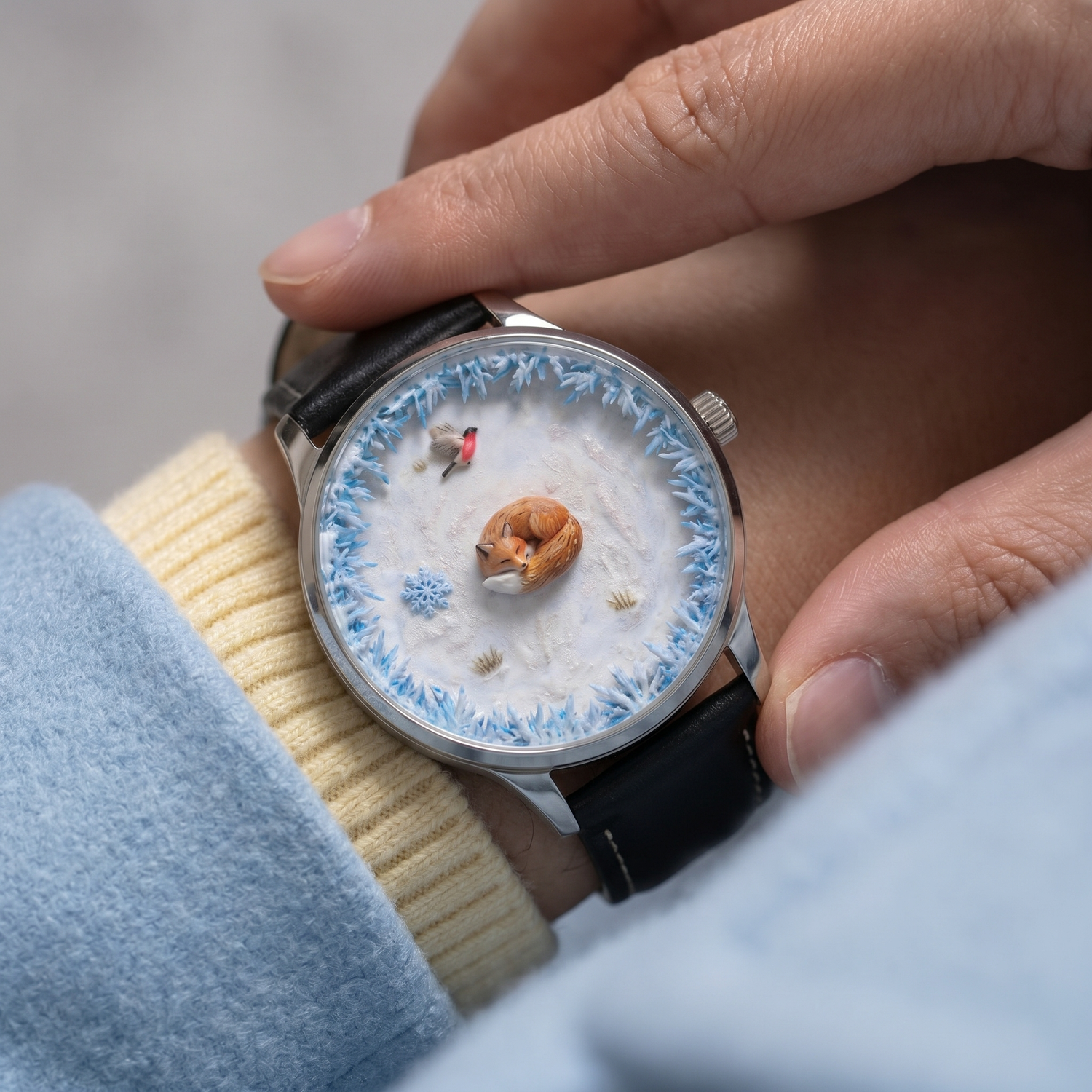 Four seasons collection, winter frost watch with the sleeping fox on the snow and bird 