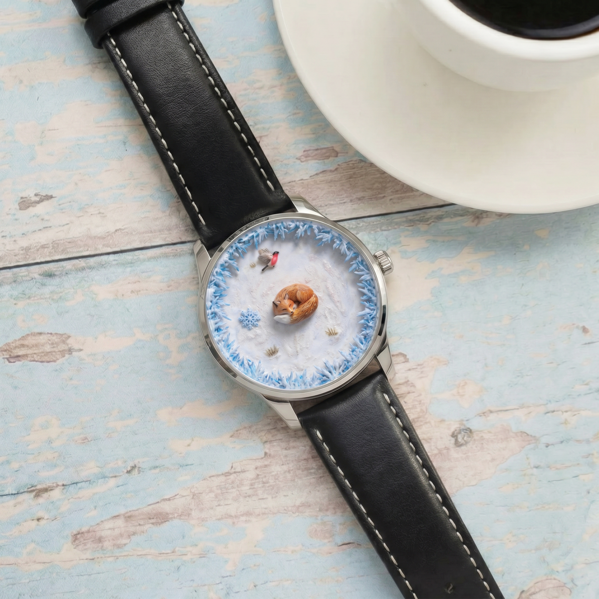 Watch with a unique face on a wooden surface next to a cup of coffee