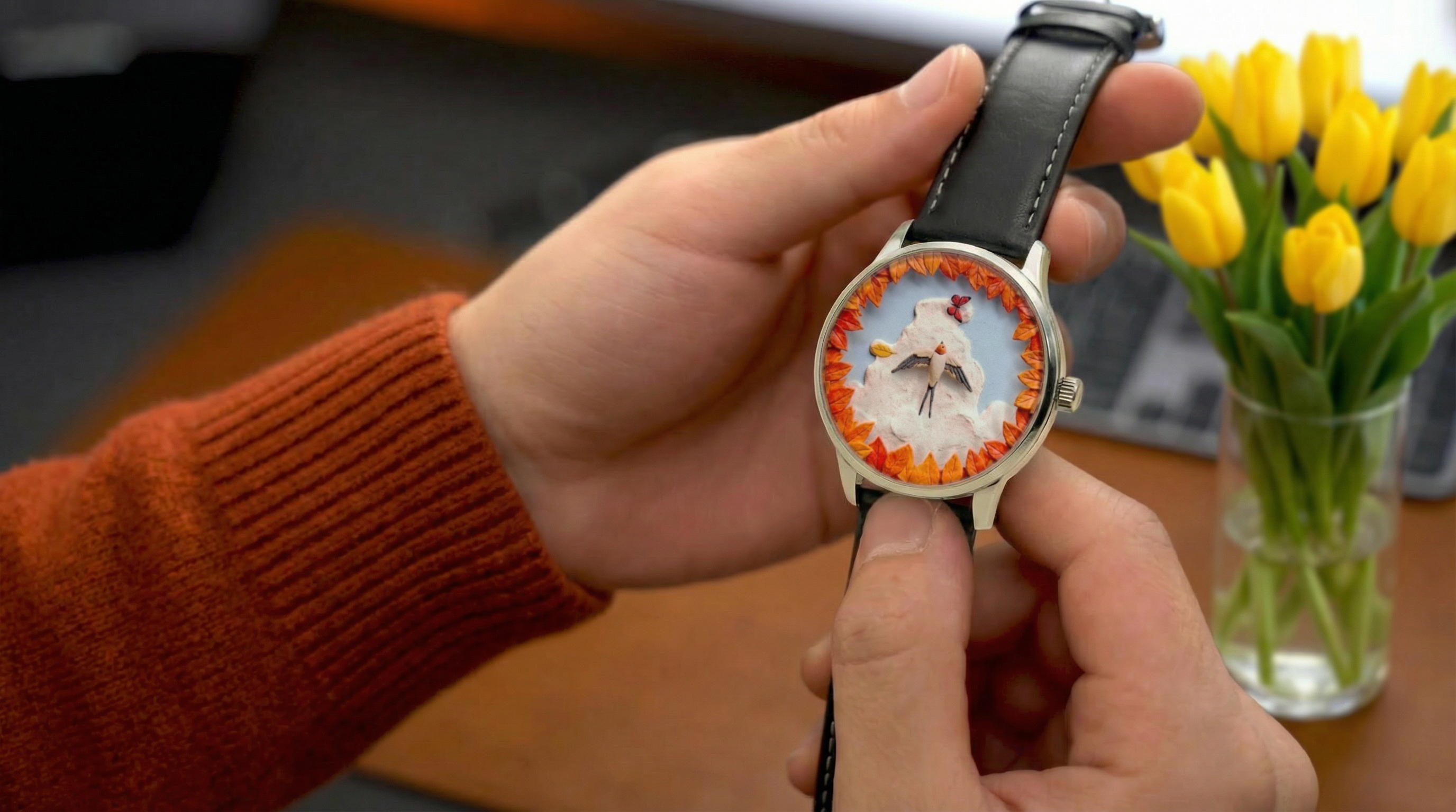 Hand-painted bird art watch.